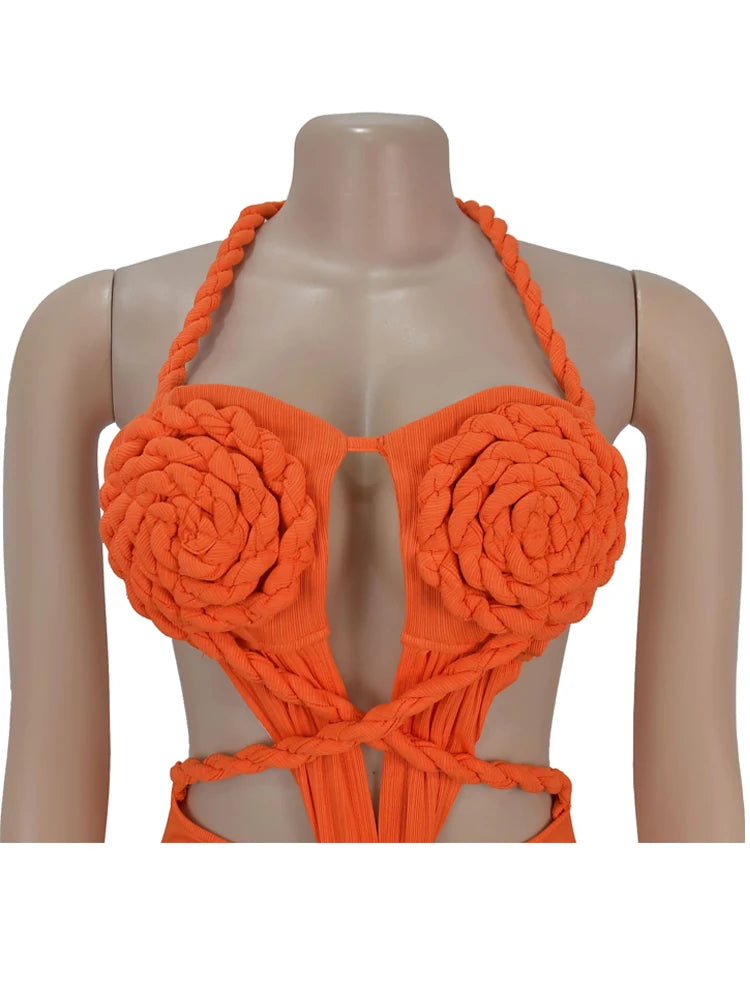 Orange Cut-Out Ruched Maxi Dress - Sexy Halter Neck Backless Party Dress - ZOOMNSTORE