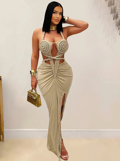 Orange Cut-Out Ruched Maxi Dress - Sexy Halter Neck Backless Party Dress - ZOOMNSTORE