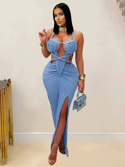 Orange Cut-Out Ruched Maxi Dress - Sexy Halter Neck Backless Party Dress - ZOOMNSTORE