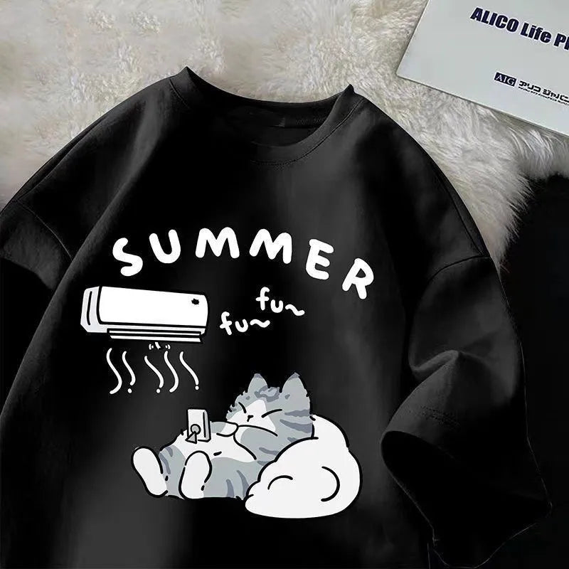 Cute Cat Print Summer T-Shirt - Womens Casual Loose Half Sleeve Top - ZOOMNSTORE