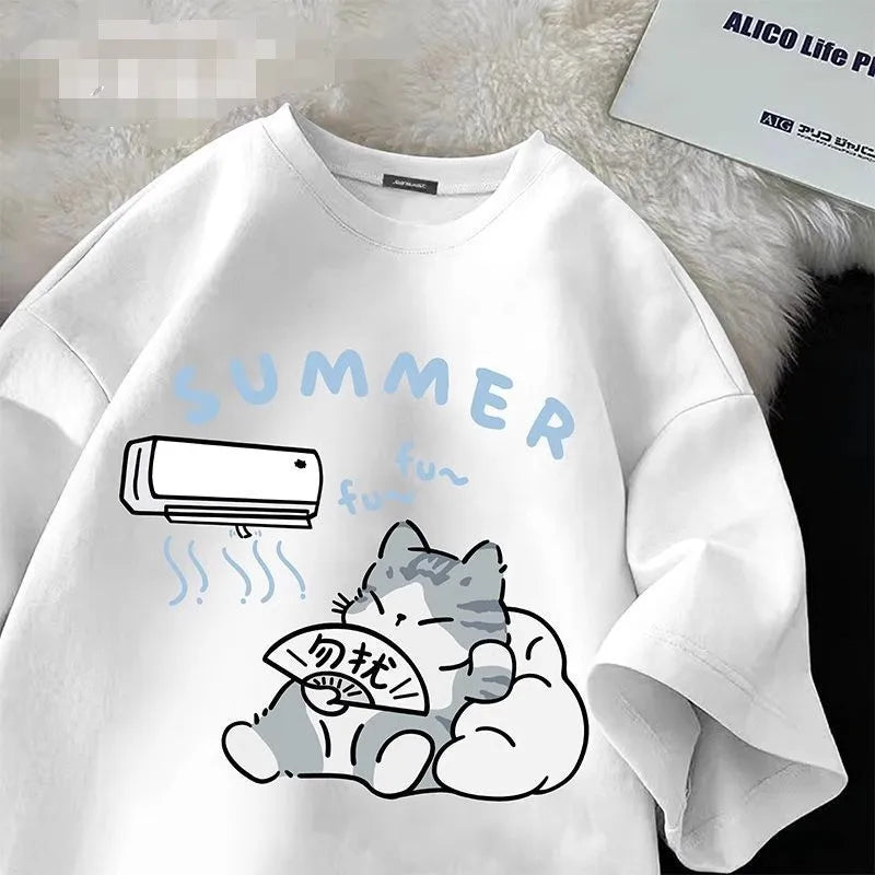 Cute Cat Print Summer T-Shirt - Womens Casual Loose Half Sleeve Top - ZOOMNSTORE