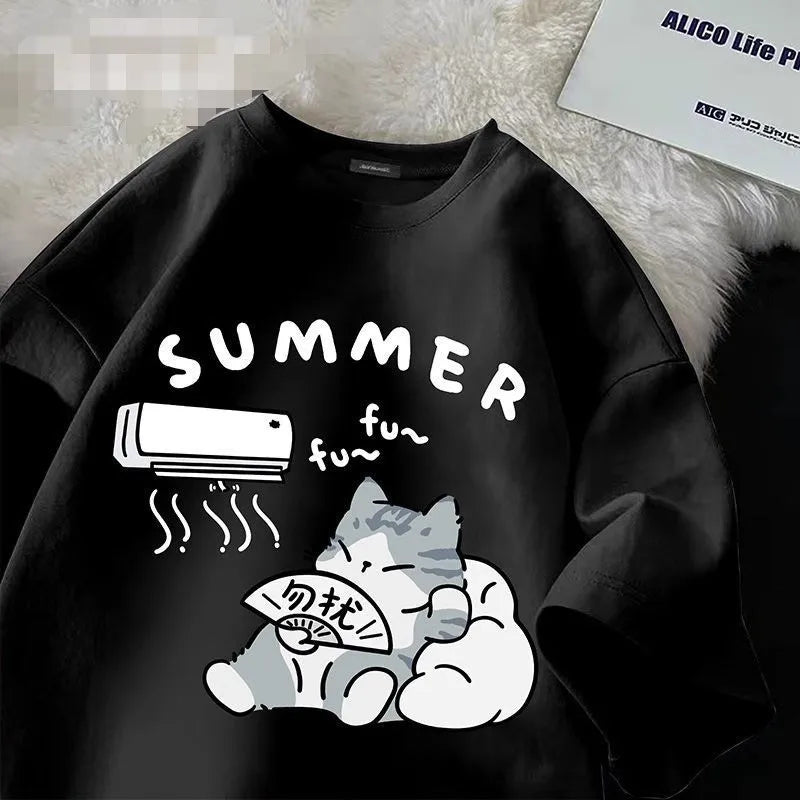 Cute Cat Print Summer T-Shirt - Womens Casual Loose Half Sleeve Top - ZOOMNSTORE