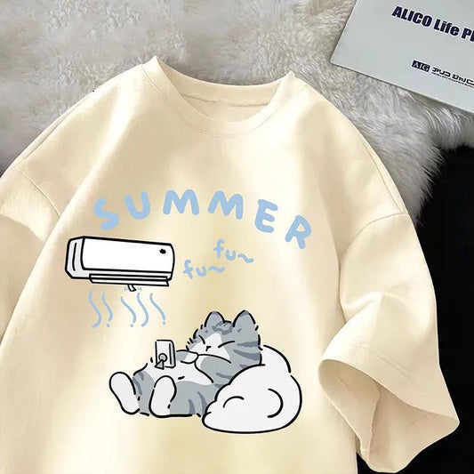 Cute Cat Print Summer T-Shirt - Womens Casual Loose Half Sleeve Top - ZOOMNSTORE