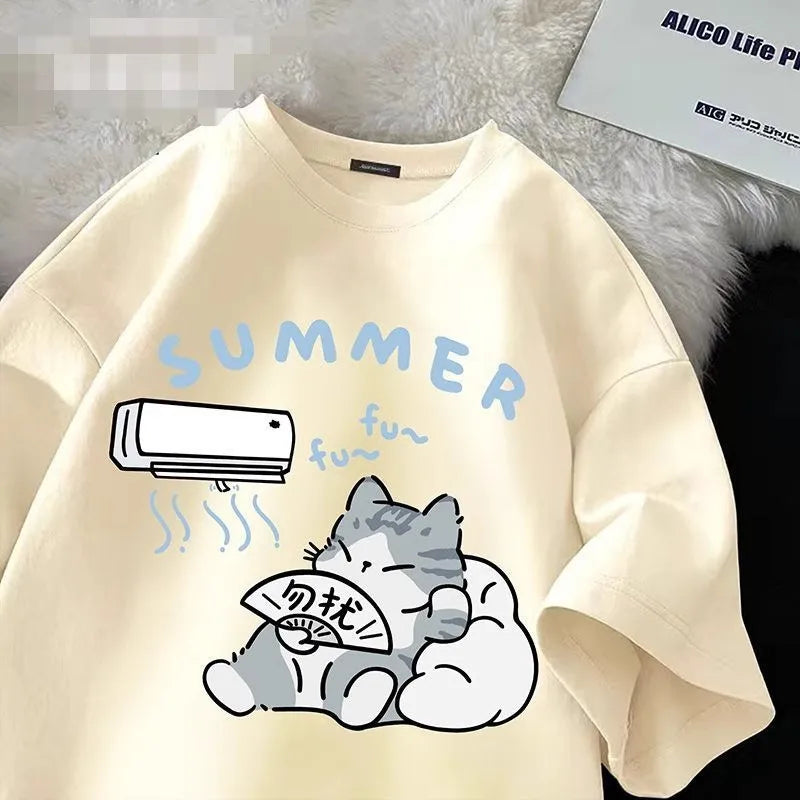Cute Cat Print Summer T-Shirt - Womens Casual Loose Half Sleeve Top - ZOOMNSTORE