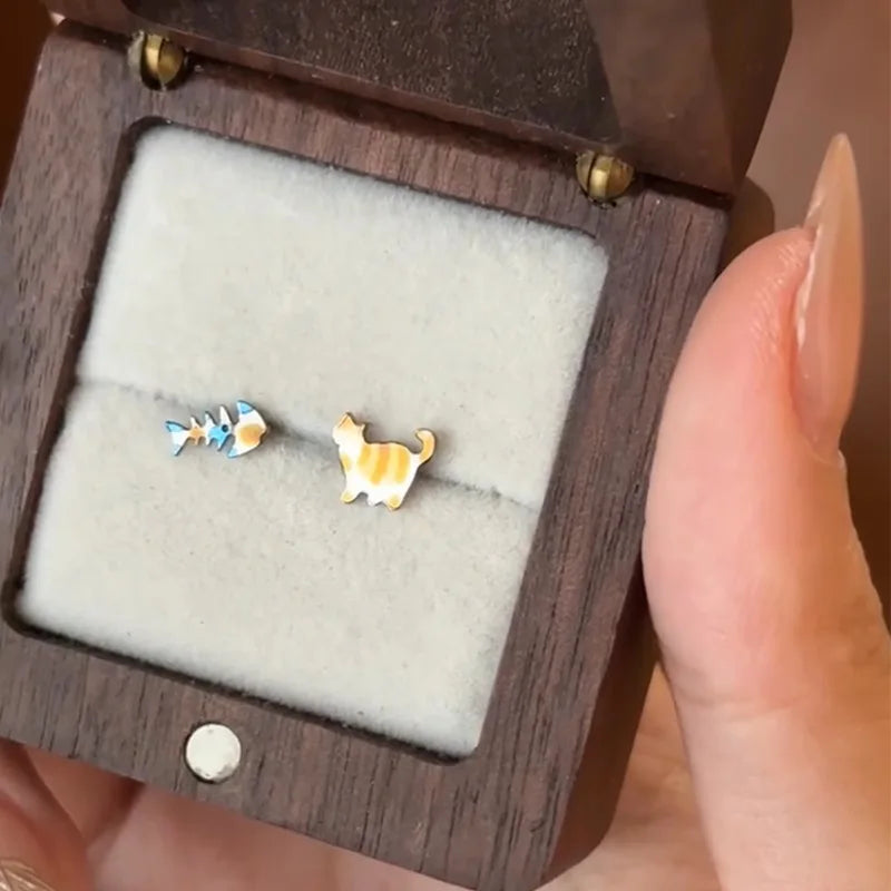 Cute Fish Cat Earrings - Retro Asymmetrical Cartoon Jewelry for Women - ZOOMNSTORE