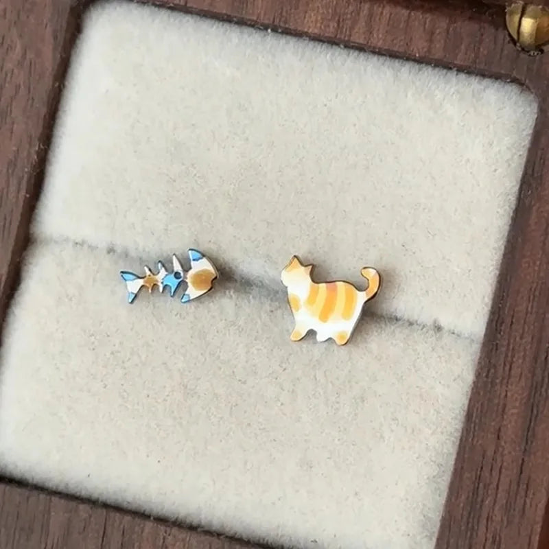 Cute Fish Cat Earrings - Retro Asymmetrical Cartoon Jewelry for Women - ZOOMNSTORE