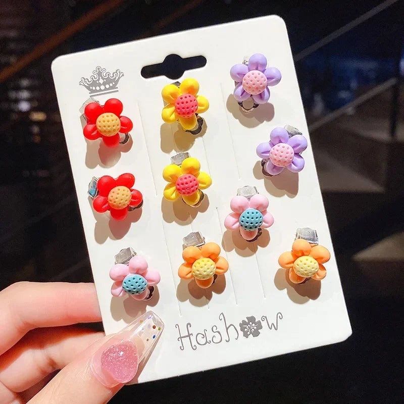 Cute Flower Ear Clips - 10pcs Girls Earrings No Ear Hole Jewelry for Kids - ZOOMNSTORE