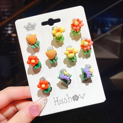 Cute Flower Ear Clips - 10pcs Girls Earrings No Ear Hole Jewelry for Kids - ZOOMNSTORE
