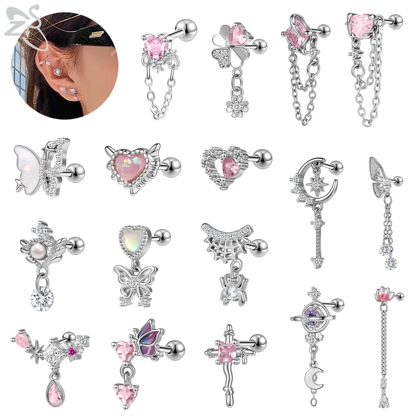 Cute Heart Stud Earrings - 20G Pink CZ Crystal Jewelry for Kids  Women - ZOOMNSTORE