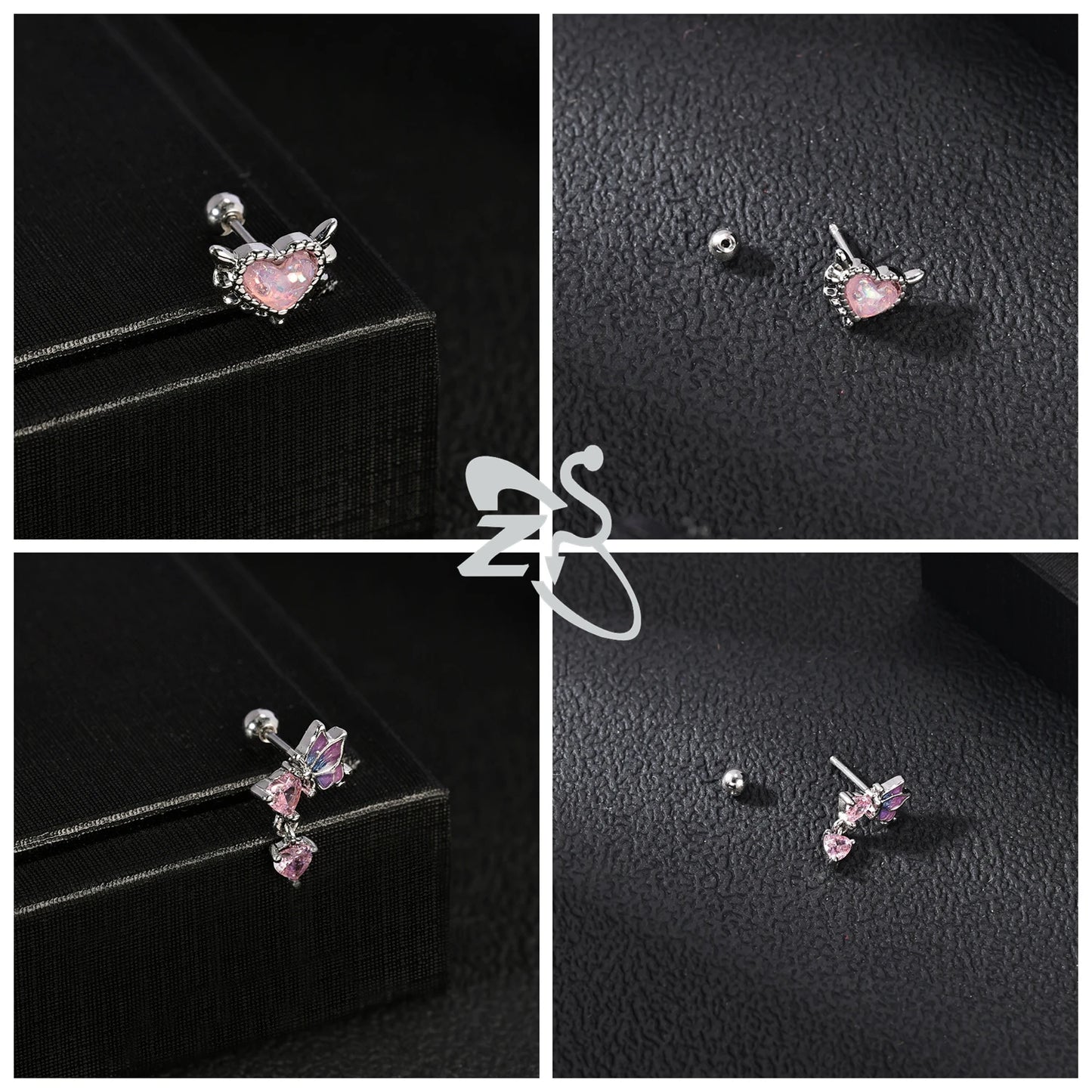 Cute Heart Stud Earrings - 20G Pink CZ Crystal Jewelry for Kids  Women - ZOOMNSTORE
