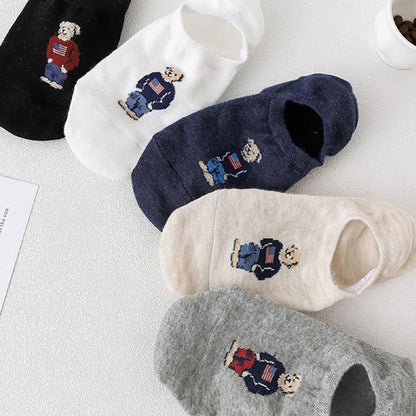 Cute Korean Bear Socks - Womens Summer Thin Cartoon Boat Socks - ZOOMNSTORE
