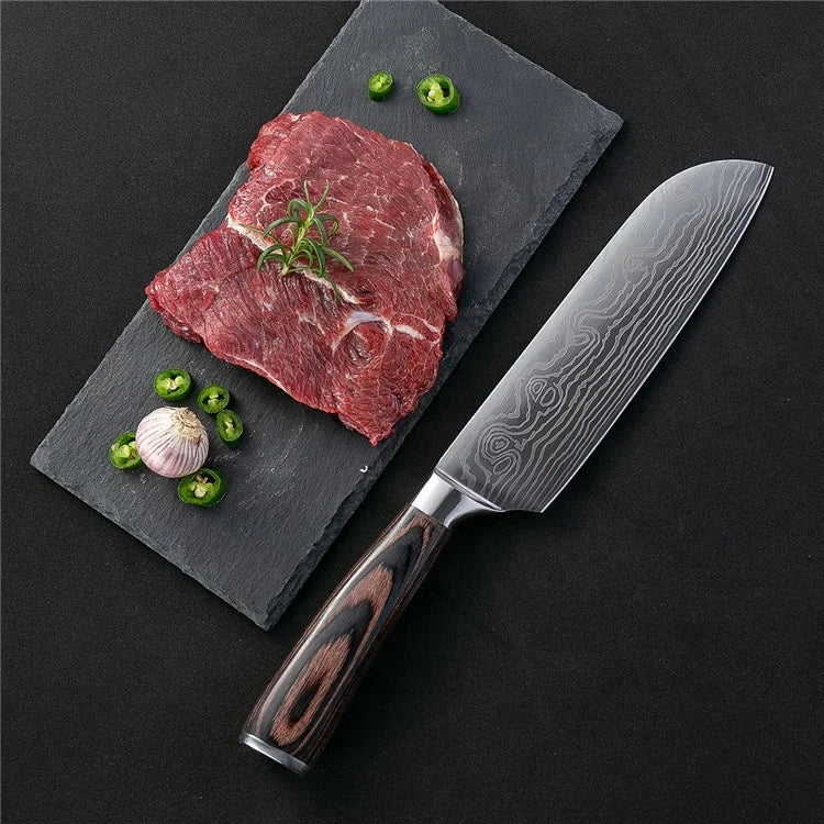 Damascus Pattern Japanese Kitchen Knife - Color Wood Handle - ZOOMNSTORE