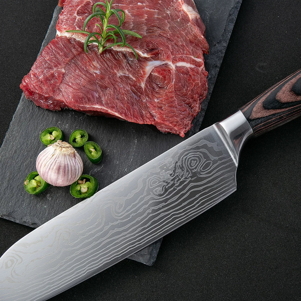 Damascus Pattern Japanese Kitchen Knife - Color Wood Handle - ZOOMNSTORE