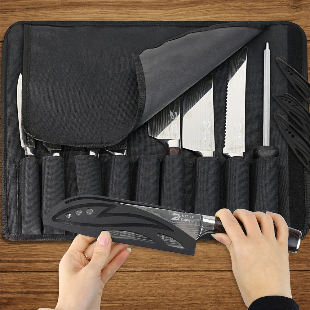 Damascus Steel Kitchen Knife Set - 8-Piece Chef Utility Paring Boning Cleaver Santoku with Nylon Bag - ZOOMNSTORE