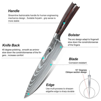 Damascus Steel Kitchen Knife Set - 8-Piece Chef Utility Paring Boning Cleaver Santoku with Nylon Bag - ZOOMNSTORE