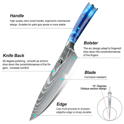 Damascus Steel Kitchen Knife Set - 8-Piece Chef Utility Paring Boning Cleaver Santoku with Nylon Bag - ZOOMNSTORE