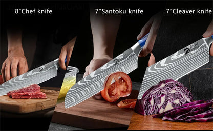 Damascus Steel Kitchen Knife Set - 8-Piece Chef Utility Paring Boning Cleaver Santoku with Nylon Bag - ZOOMNSTORE