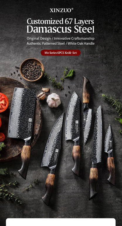 Damascus Knife Set - 67-Layer Steel with White Oak  Red G10 Handles 1-6 Pieces - ZOOMNSTORE