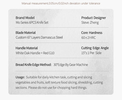 Damascus Knife Set - 67-Layer Steel with White Oak  Red G10 Handles 1-6 Pieces - ZOOMNSTORE