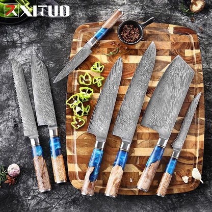 Damascus Steel Chefs Knife - Sharp Clad Steel Kitchen Knife with Blue Resin Handle  Custom Logo Gift Box - ZOOMNSTORE