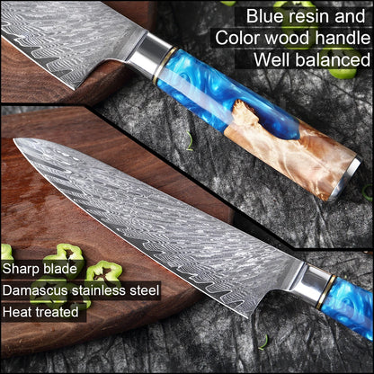 Damascus Steel Chefs Knife - Sharp Clad Steel Kitchen Knife with Blue Resin Handle  Custom Logo Gift Box - ZOOMNSTORE