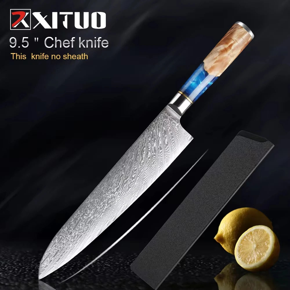 Damascus Steel Chefs Knife - Sharp Clad Steel Kitchen Knife with Blue Resin Handle  Custom Logo Gift Box - ZOOMNSTORE