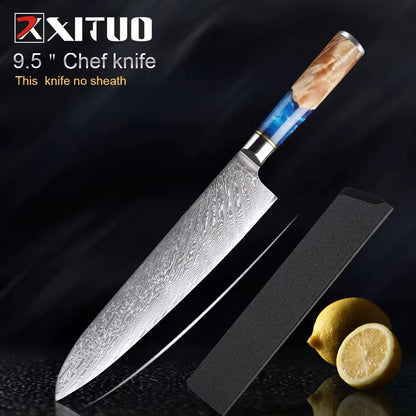 Damascus Steel Chefs Knife - Sharp Clad Steel Kitchen Knife with Blue Resin Handle  Custom Logo Gift Box - ZOOMNSTORE