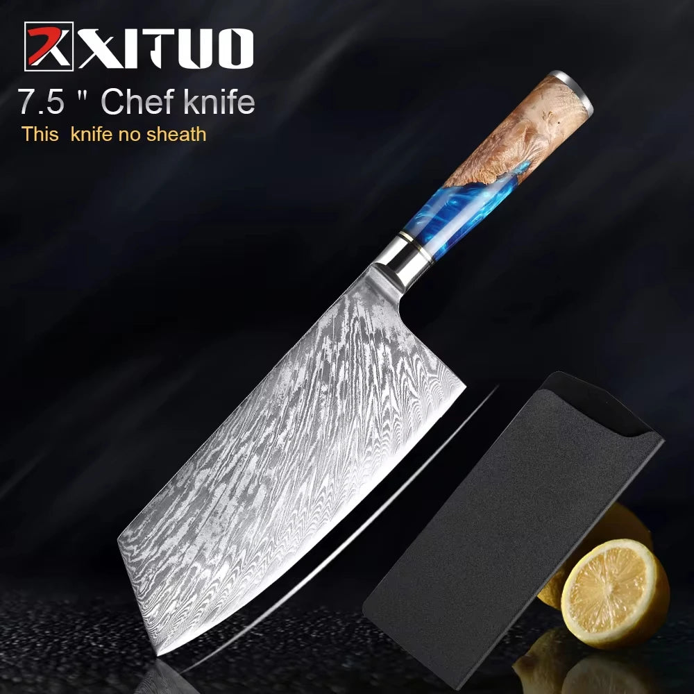 Damascus Steel Chefs Knife - Sharp Clad Steel Kitchen Knife with Blue Resin Handle  Custom Logo Gift Box - ZOOMNSTORE