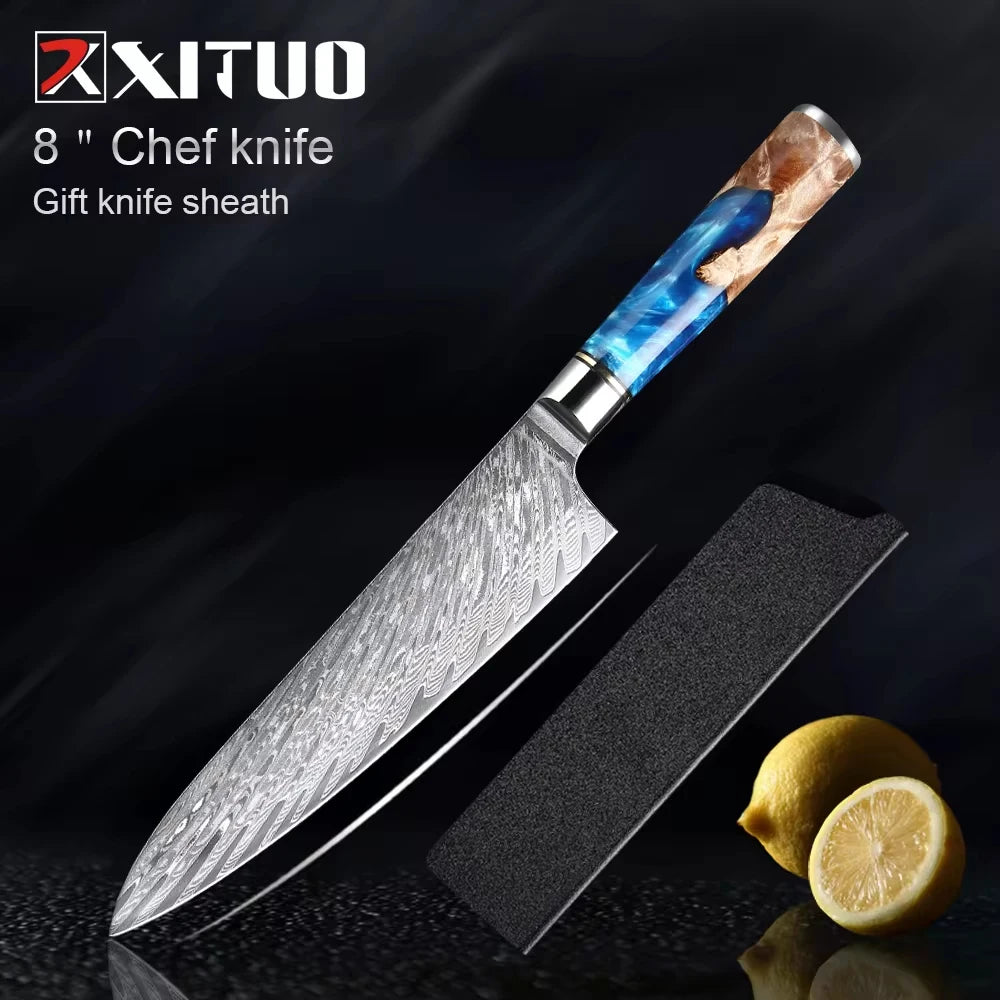 Damascus Steel Chefs Knife - Sharp Clad Steel Kitchen Knife with Blue Resin Handle  Custom Logo Gift Box - ZOOMNSTORE