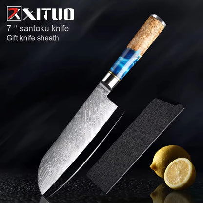 Damascus Steel Chefs Knife - Sharp Clad Steel Kitchen Knife with Blue Resin Handle  Custom Logo Gift Box - ZOOMNSTORE