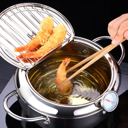Japanese Deep Frying Pot - 304 Stainless Steel Tempura Fryer with Thermometer  Lid 20-24 cm - ZOOMNSTORE