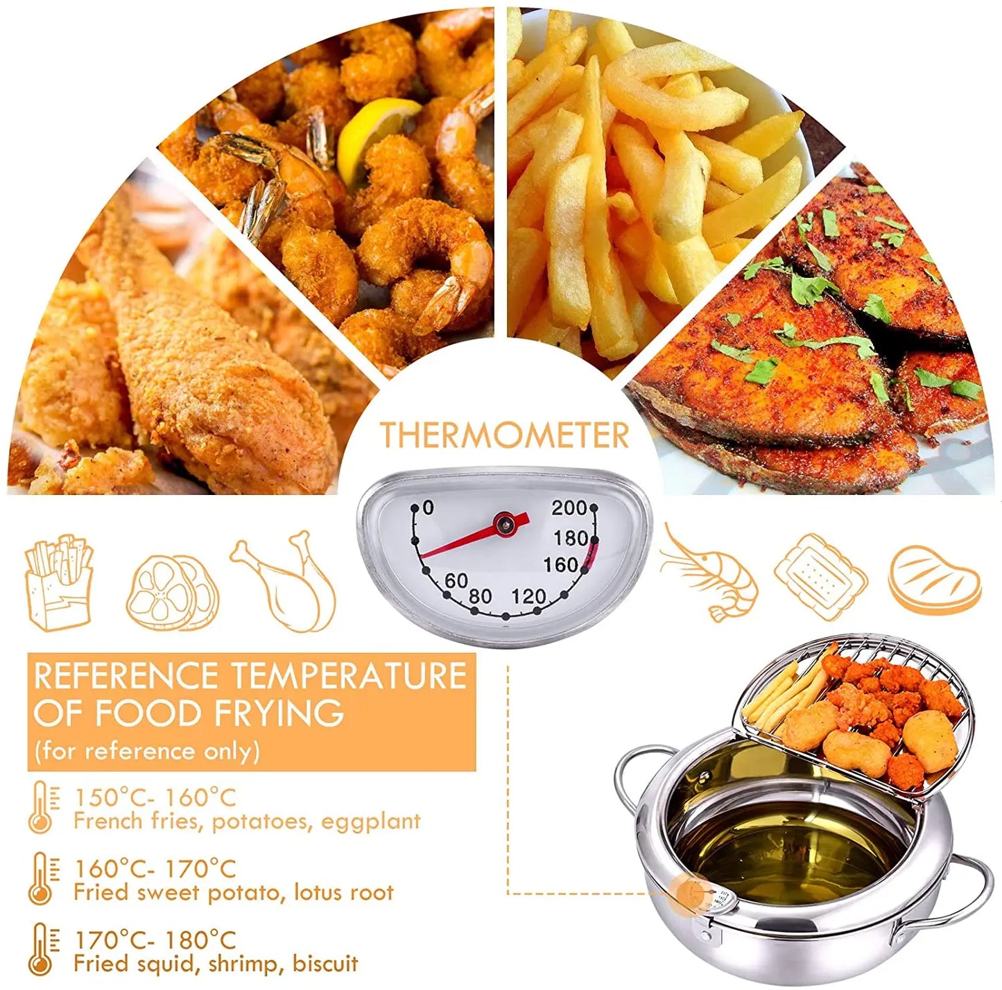 Japanese Deep Frying Pot - 304 Stainless Steel Tempura Fryer with Thermometer  Lid 20-24 cm - ZOOMNSTORE