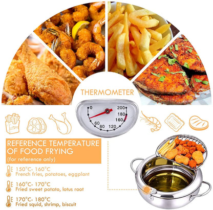 Japanese Deep Frying Pot - 304 Stainless Steel Tempura Fryer with Thermometer  Lid 20-24 cm - ZOOMNSTORE
