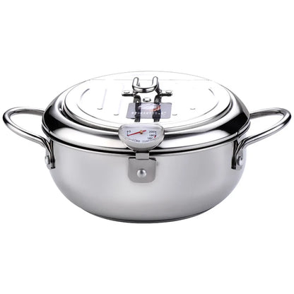 Japanese Deep Frying Pot - 304 Stainless Steel Tempura Fryer with Thermometer  Lid 20-24 cm - ZOOMNSTORE