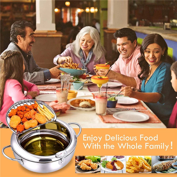 Japanese Deep Frying Pot - 304 Stainless Steel Tempura Fryer with Thermometer  Lid 20-24 cm - ZOOMNSTORE