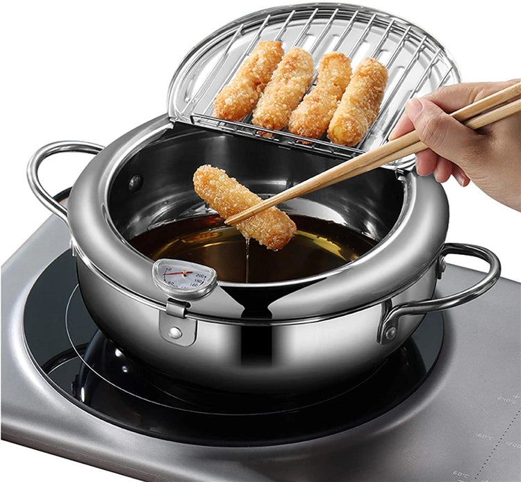 Japanese Deep Frying Pot - 304 Stainless Steel Tempura Fryer with Thermometer  Lid 20-24 cm - ZOOMNSTORE
