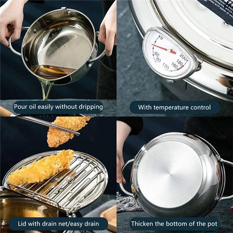 Japanese Deep Frying Pot - 304 Stainless Steel Tempura Fryer with Thermometer  Lid 20-24 cm - ZOOMNSTORE