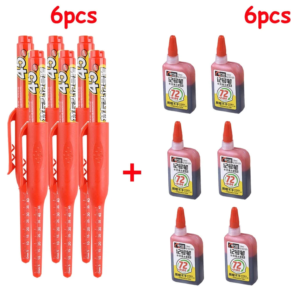 1-6Pcs Multi-Purpose 45mm Deep Drill Hole Long Nib Marker Pens Waterproof for Bathroom Woodworking Long Head Carpenter Pen - ZOOMNSTORE