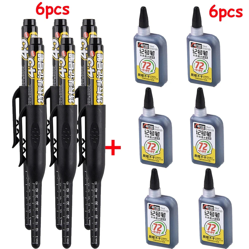 1-6Pcs Multi-Purpose 45mm Deep Drill Hole Long Nib Marker Pens Waterproof for Bathroom Woodworking Long Head Carpenter Pen - ZOOMNSTORE
