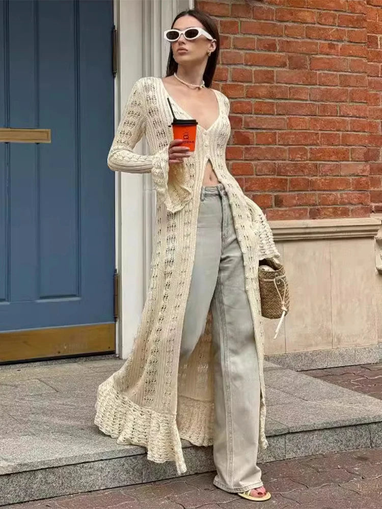 Deep V Neck Long Cardigan Dress - Elegant Hollow Knit Cover Up for Women - ZOOMNSTORE
