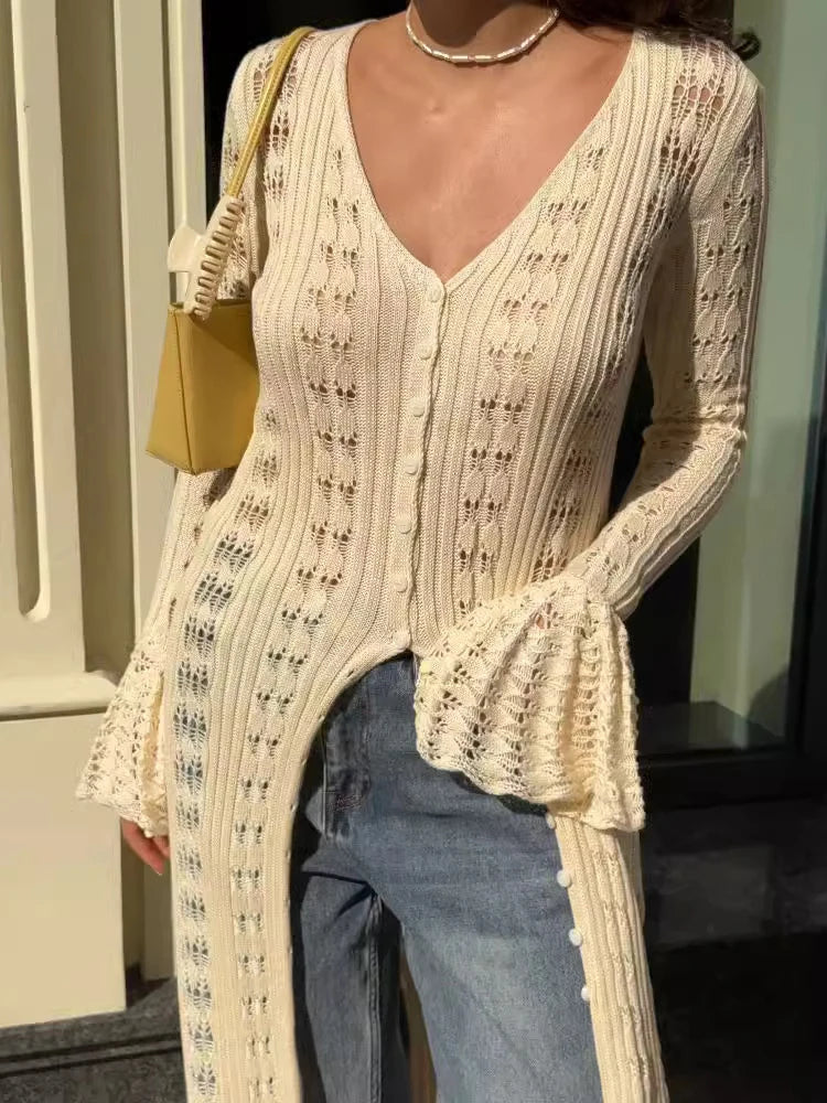 Deep V Neck Long Cardigan Dress - Elegant Hollow Knit Cover Up for Women - ZOOMNSTORE