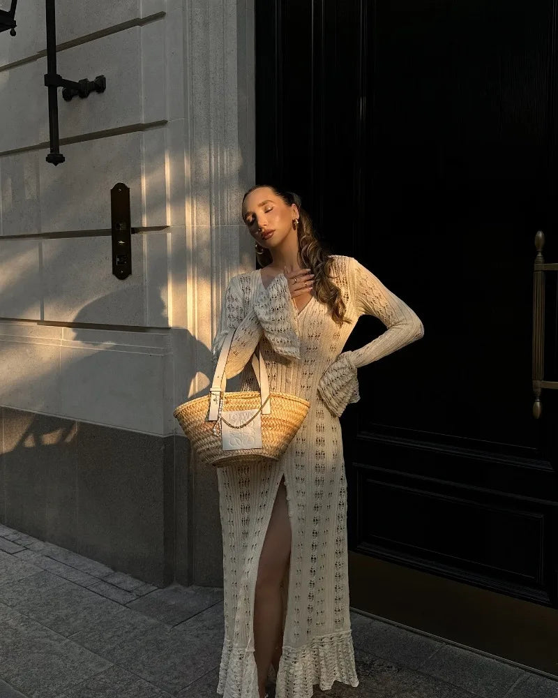 Deep V Neck Long Cardigan Dress - Elegant Hollow Knit Cover Up for Women - ZOOMNSTORE