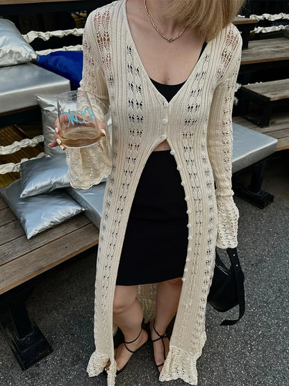 Deep V Neck Long Cardigan Dress - Elegant Hollow Knit Cover Up for Women - ZOOMNSTORE