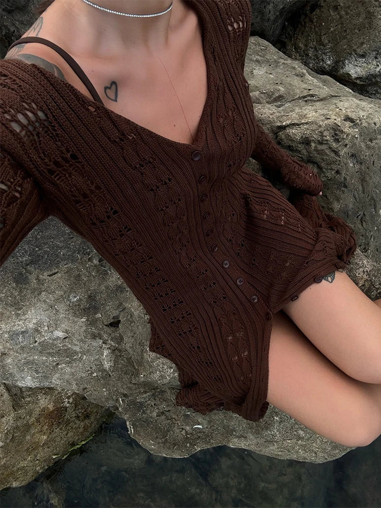 Deep V Neck Long Cardigan Dress - Elegant Hollow Knit Cover Up for Women - ZOOMNSTORE