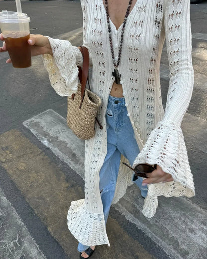 Deep V Neck Long Cardigan Dress - Elegant Hollow Knit Cover Up for Women - ZOOMNSTORE
