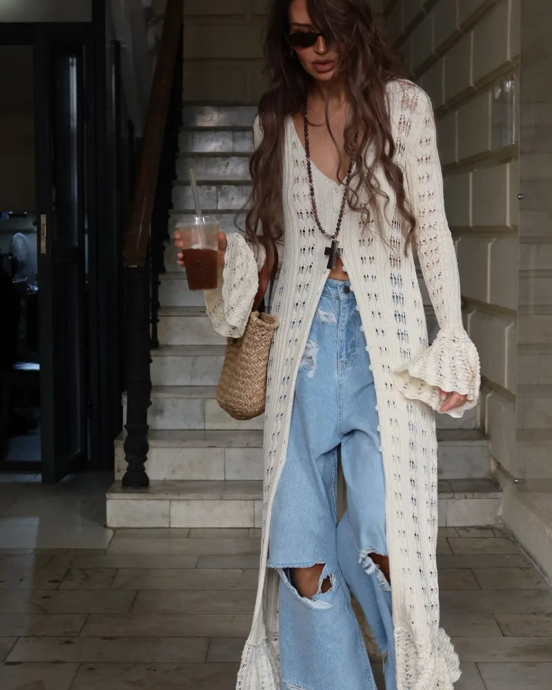 Deep V Neck Long Cardigan Dress - Elegant Hollow Knit Cover Up for Women - ZOOMNSTORE