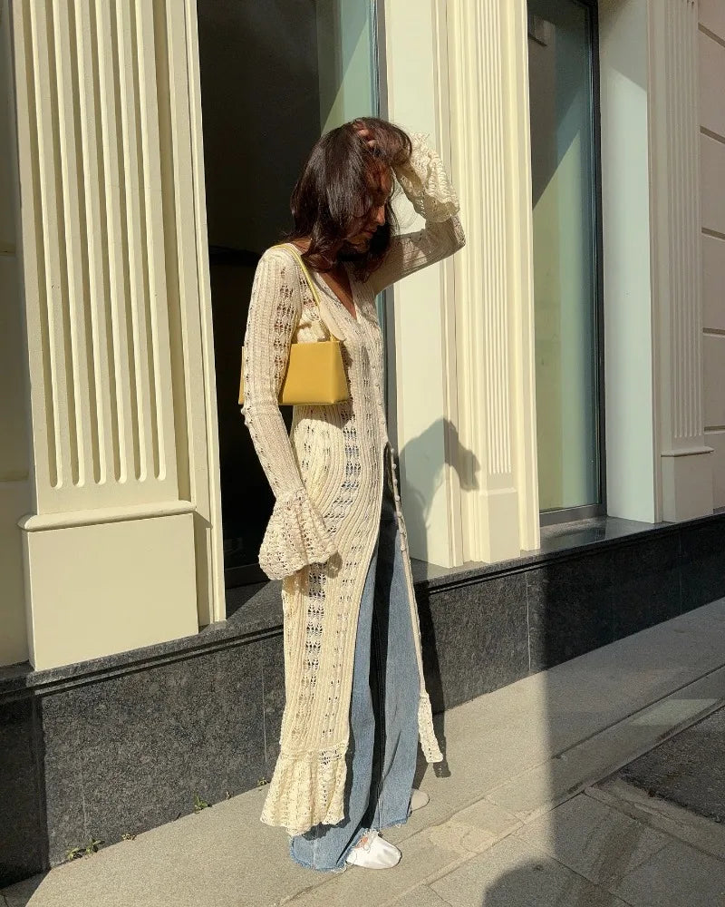 Deep V Neck Long Cardigan Dress - Elegant Hollow Knit Cover Up for Women - ZOOMNSTORE
