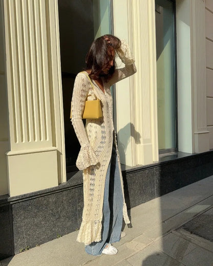 Deep V Neck Long Cardigan Dress - Elegant Hollow Knit Cover Up for Women - ZOOMNSTORE