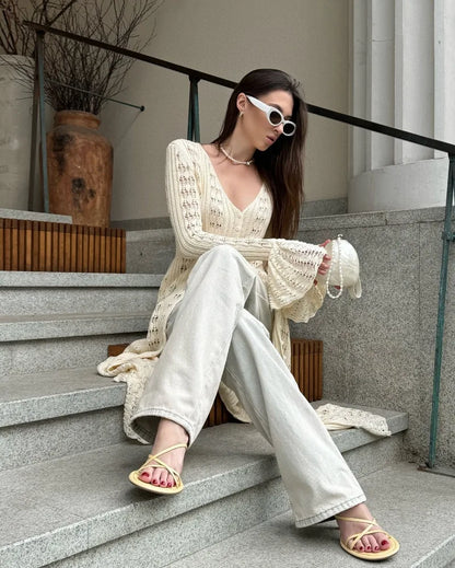 Deep V Neck Long Cardigan Dress - Elegant Hollow Knit Cover Up for Women - ZOOMNSTORE