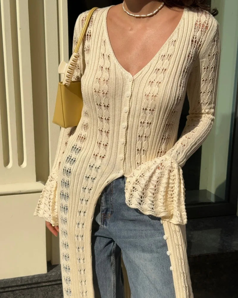 Deep V Neck Long Cardigan Dress - Elegant Hollow Knit Cover Up for Women - ZOOMNSTORE